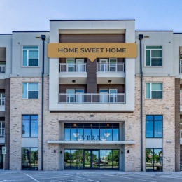 Front of building with Home Sweet home tag