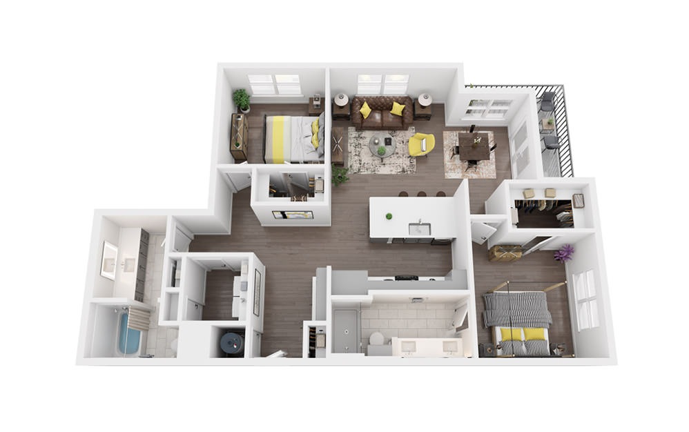 B5 - 2 bedroom floorplan layout with 2 baths and 1268 square feet.